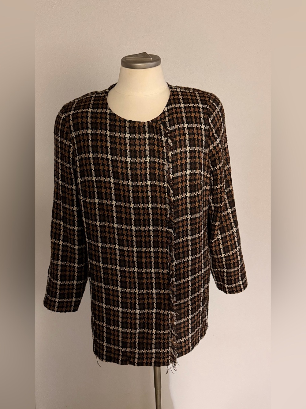 Grace Tone Women's Brown Plaid Collarless Tweed Jacket 16